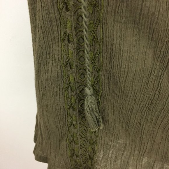 LUCKY BRAND Dark Moss Green Tie Collar Tassels Crepe Embroidery Shirt - Picture 7 of 10